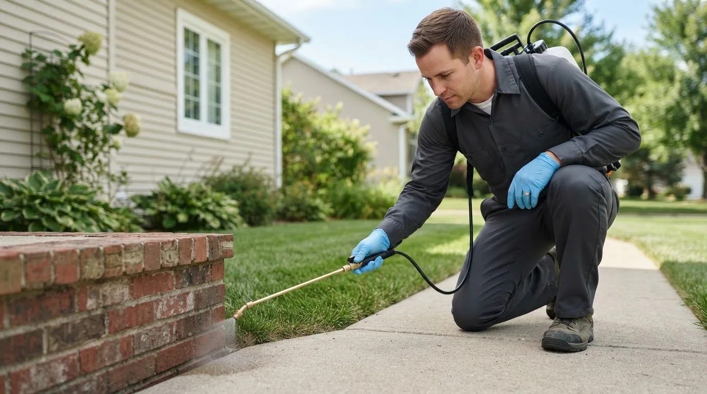 Pest control technician treating a home near Christine, ND