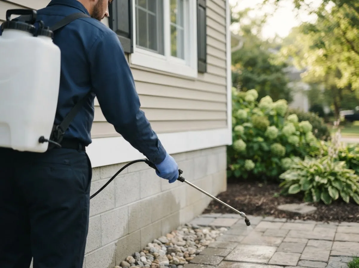 Pest control technician inspecting a home in Christine, ND